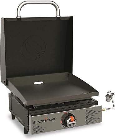 Blackstone 2143 17in Griddle with Hood – 267 Sq In Cooking Surface, 12,500 BTU Stainless H Burner and Rear Grease System