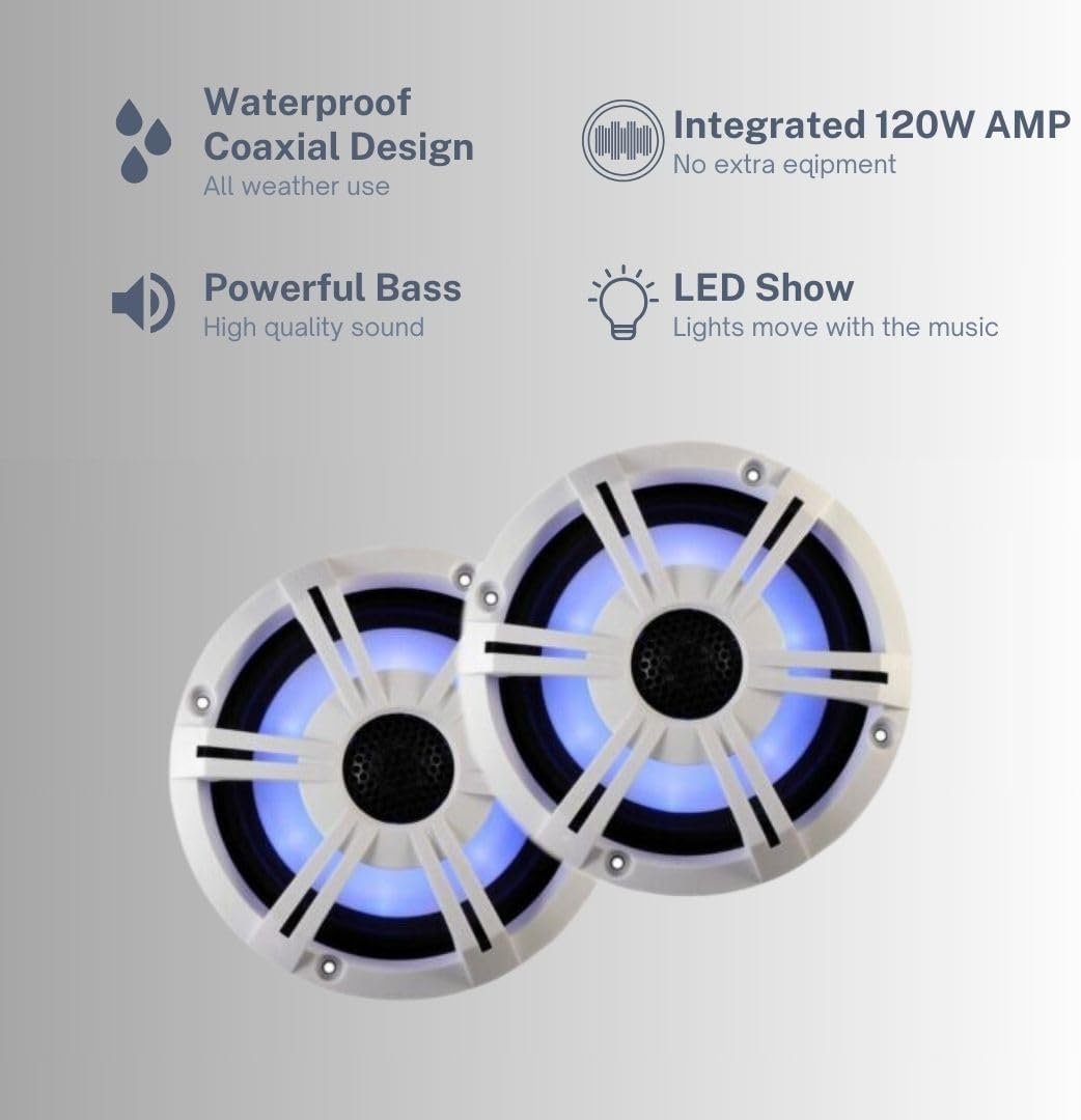 PQN Audio RV652BTWLD 6.5 Inch Bluetooth LED Waterproof Speaker System – 120W Max, Built-In Amp, White Finish - Image 2
