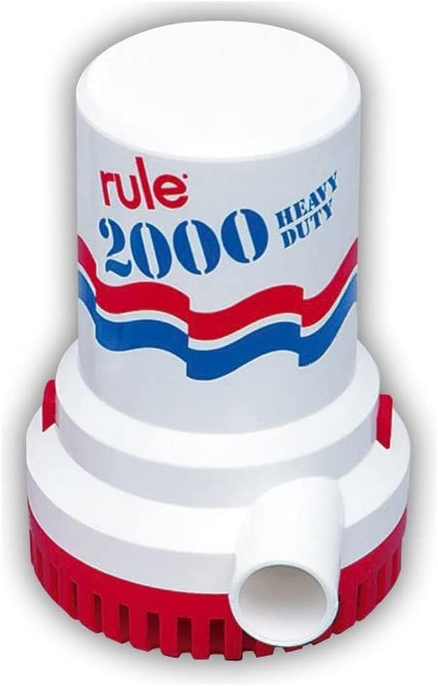 Rule 1200 Rule 2000 Bilge Pump – 24V Non-Automatic 2000 GPH Submersible Marine Pump with 1-1/8 in Discharge Outlet
