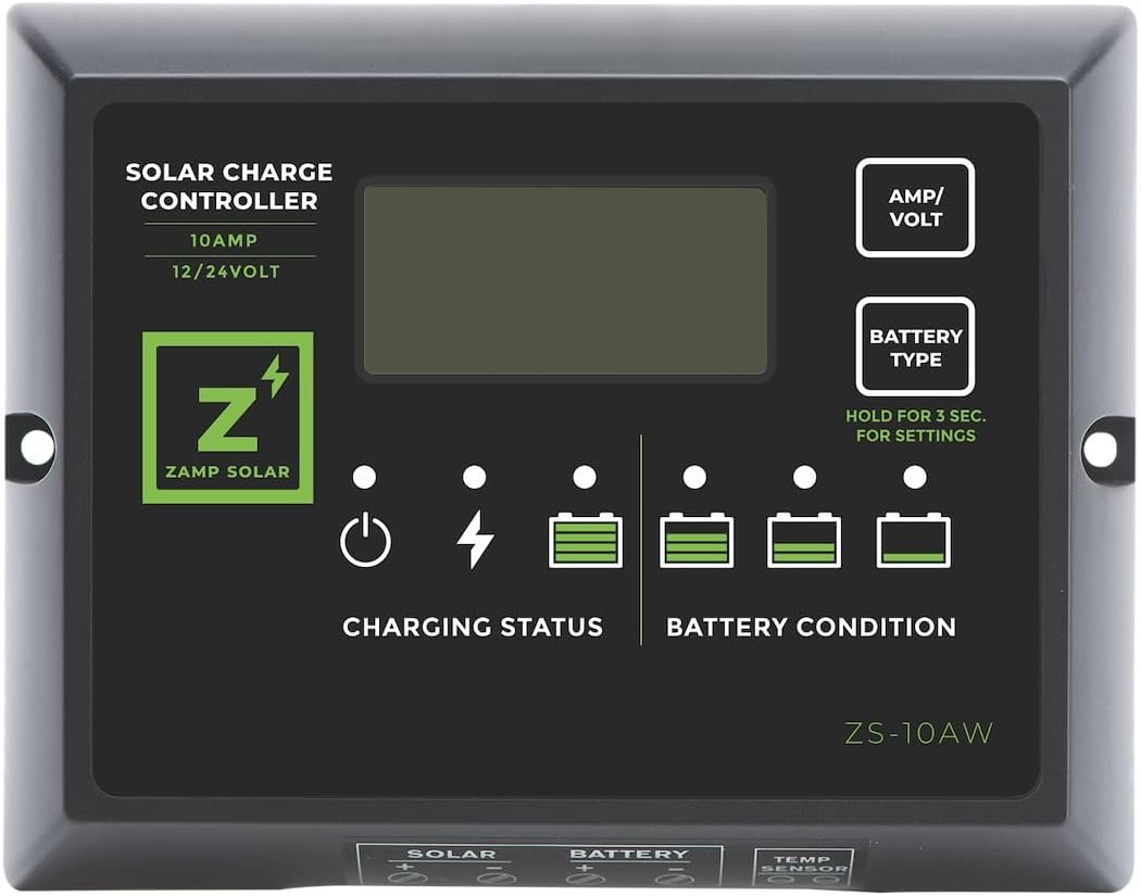 Zamp Solar 10AW 10 Amp Waterproof Charge Controller – PWM 5-Stage Charging, Weatherproof Housing & LCD Display