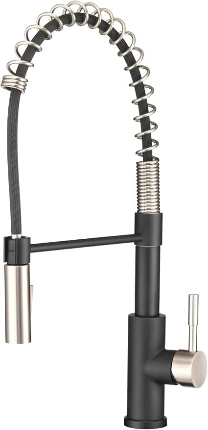 Dura Faucet 504SLKMBSN Streamline Coil Pull-Down RV Kitchen Faucet – Matte Black & Satin Nickel, Dual Spray, High Arc