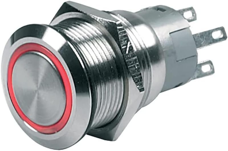 BEP Marine 80-511-0001-00 Push-Button Switch – 12V Latching On/Off Control with Red LED Ring, IP67 Seal and 5A Rating