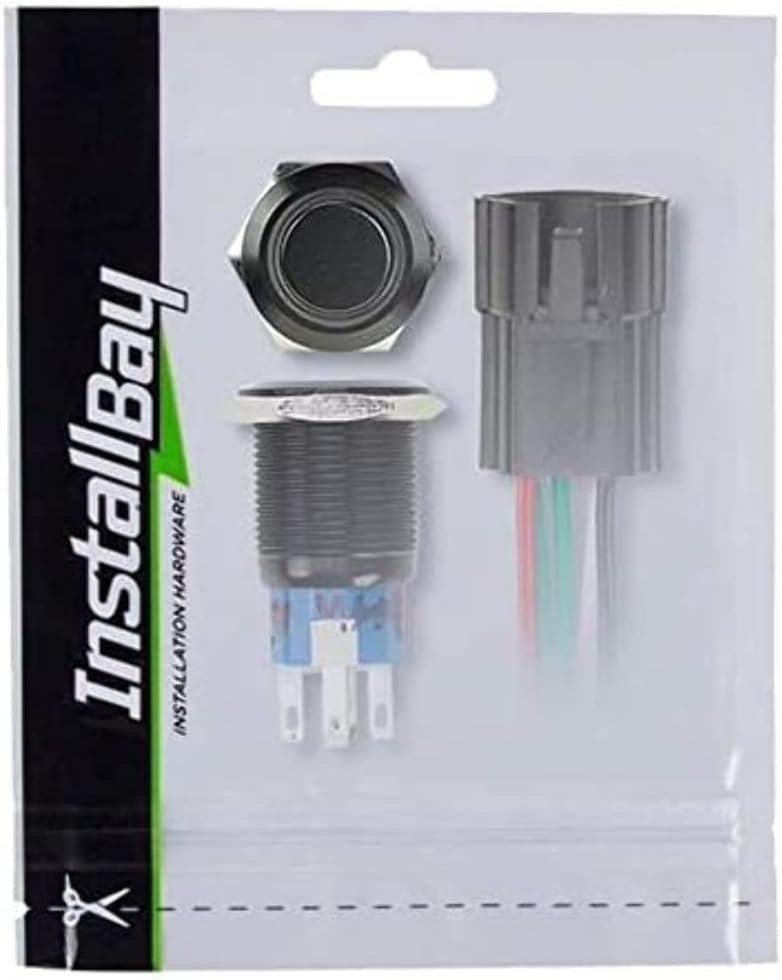 Metra IBRBSY19 19mm Black Round Latching Push Button Switch – IP67 Waterproof Design with Harness and 12V 5A Rating