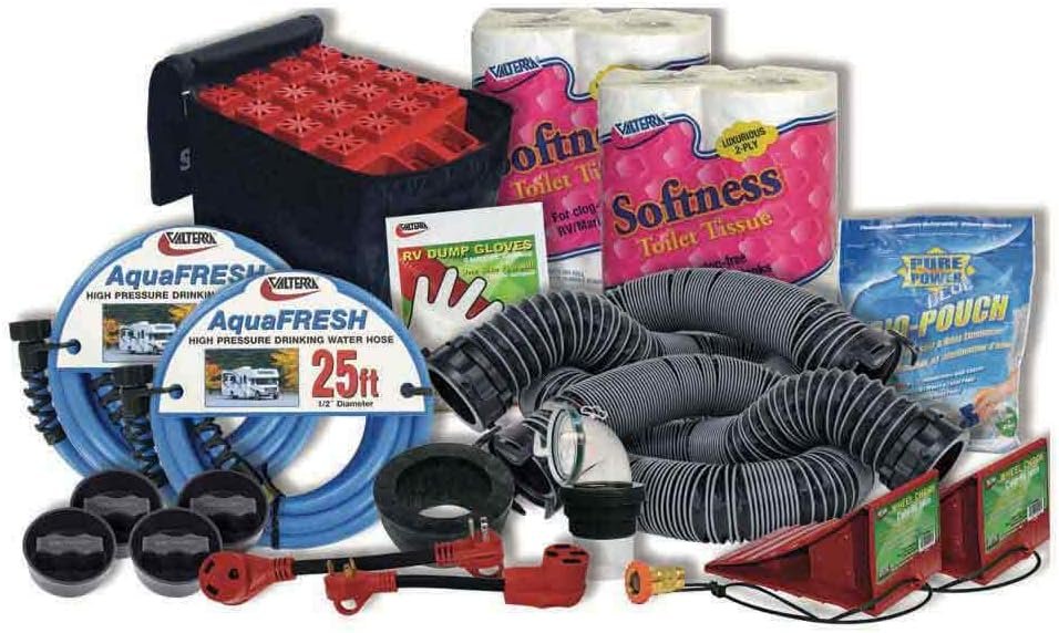 Valterra K88477 Gold RV Bundle Kit – Complete Motorhome Accessory Package with Hoses, Wheel Chocks and Power Adapters