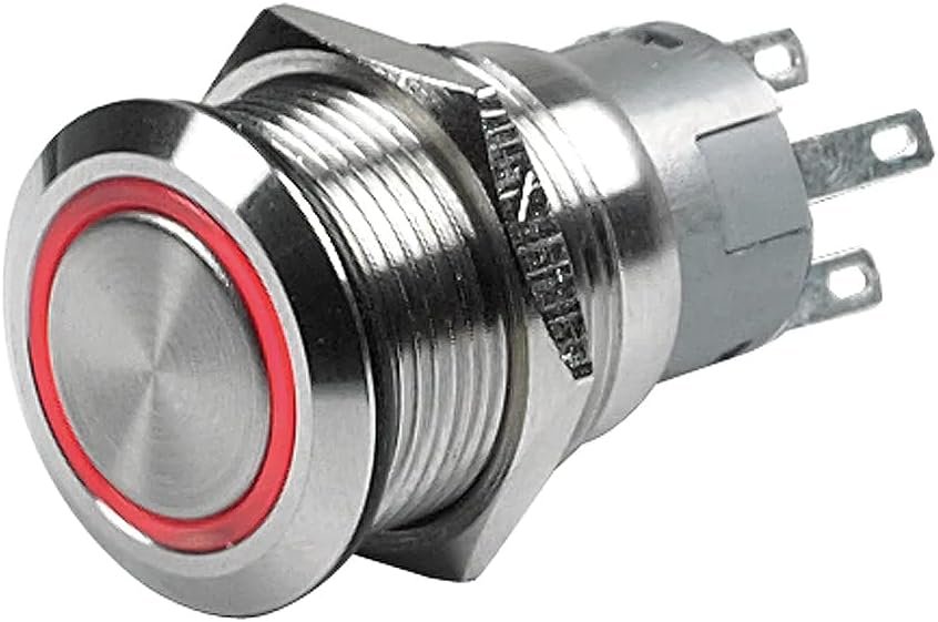 BEP Marine 56949 Push-Button Switch – 12V Latching On/Off Design with Red LED Ring, IP67 Protection and 5A Capacity