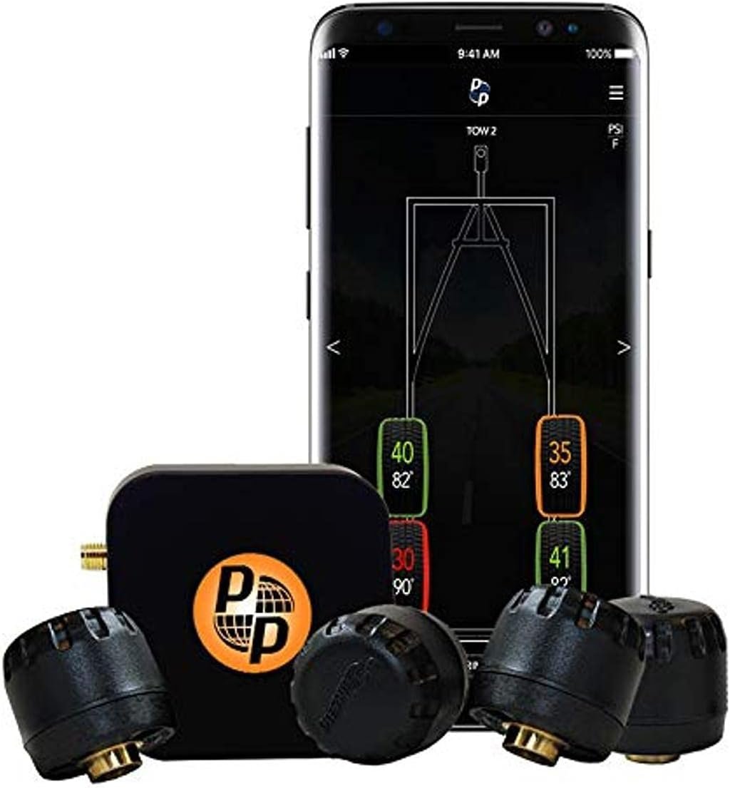 JR Products FX4K TireMinder Smart TPMS Kit – App-Based 4-Wheel Tire Pressure Monitoring System for RVs and Trailers