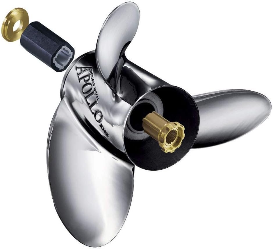 Michigan Wheel 993042 Apollo 3-Blade Stainless Steel Propeller – 14-3/8in x 15 Pitch RH Rotation for V6 Outboards with XHS Hub System