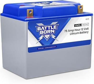 Battle Born BB1275 75Ah 12V LiFePO4 Deep Cycle Battery – Group 24 Case Size, Integrated BMS, Lightweight Design
