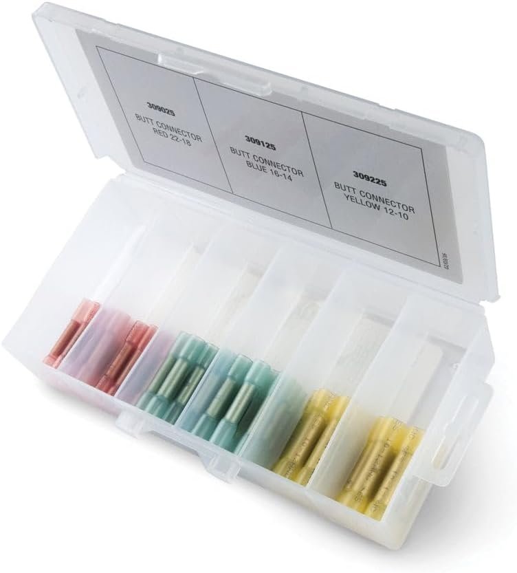 Ancor 220011 Adhesive-Lined Heat Shrink Butt Connector Kit – 75-Piece Tinned Copper Wire Connector Assortment with Storage Case