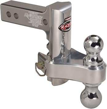 Trimax TRZ6ALRP Razor Adjustable Drop Hitch – 6in Rise/Drop Polished Aluminum with Dual Hitch Balls and Pin Clip