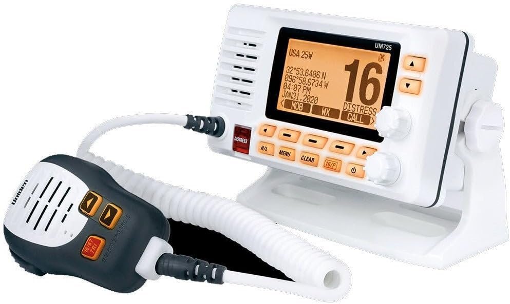 Uniden UM725 Fixed-Mount Marine VHF Radio – NMEA 0183 Compatible, 25W Output, IPX8 Waterproof White Finish