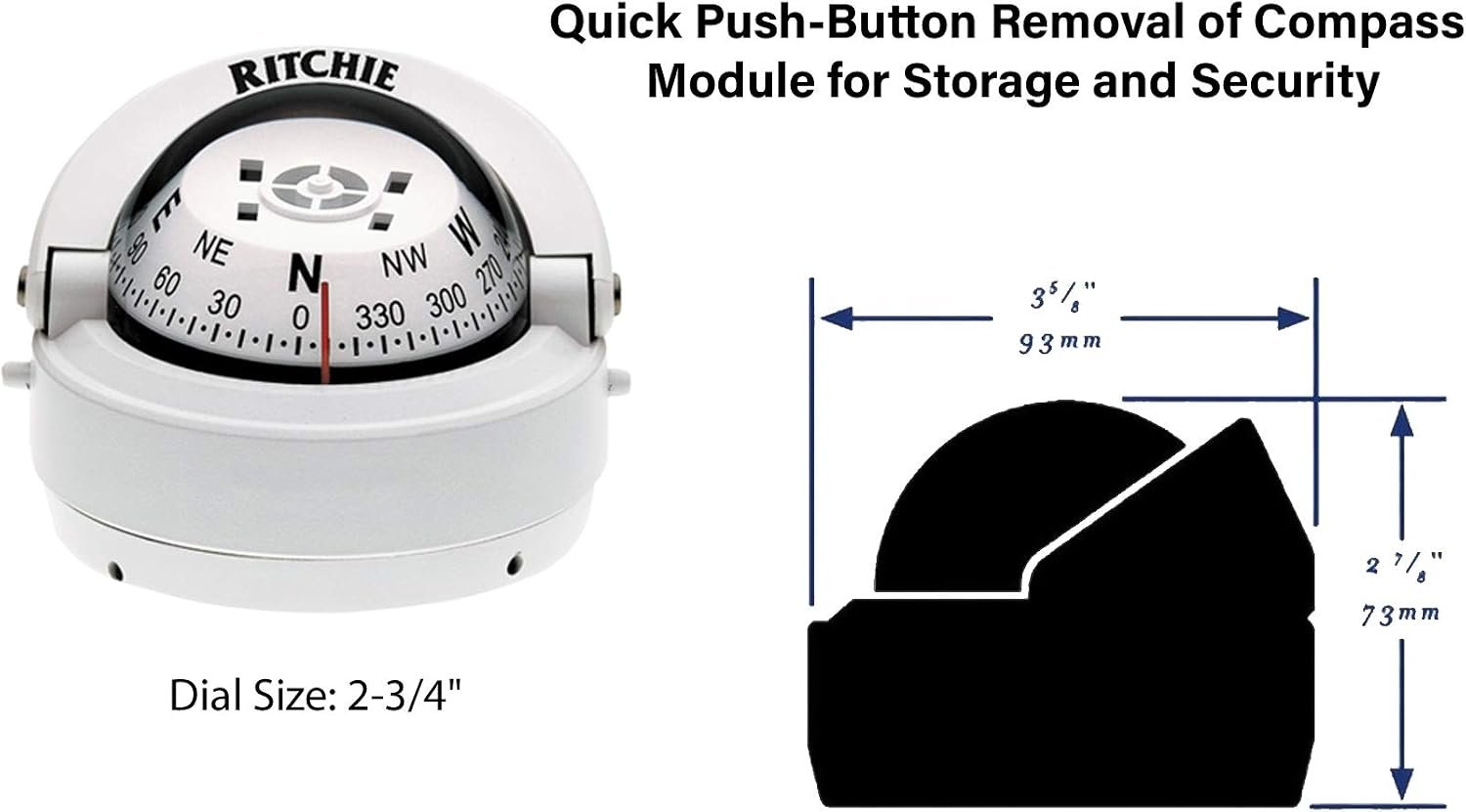 Ritchie Navigation S53W Surface Mount Compass – 2.75in White Dial with Flush Surface Installation - Image 2