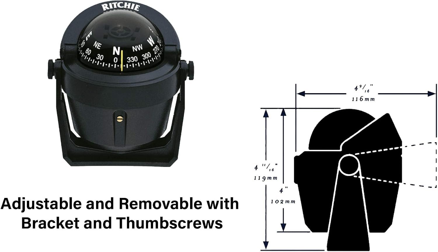 Ritchie Navigation B51 Explorer Compass – 2.75in Direct-Reading Black Dial, Bracket Mount with Green Illumination - Image 3