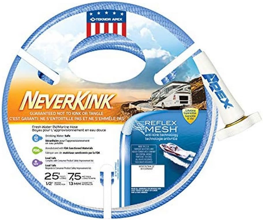 Teknor Apex 760425 NeverKink RV/Marine Water Hose – 1/2 in x 25 ft Drinking Water Safe Hose with NTS Reflex Mesh Technology