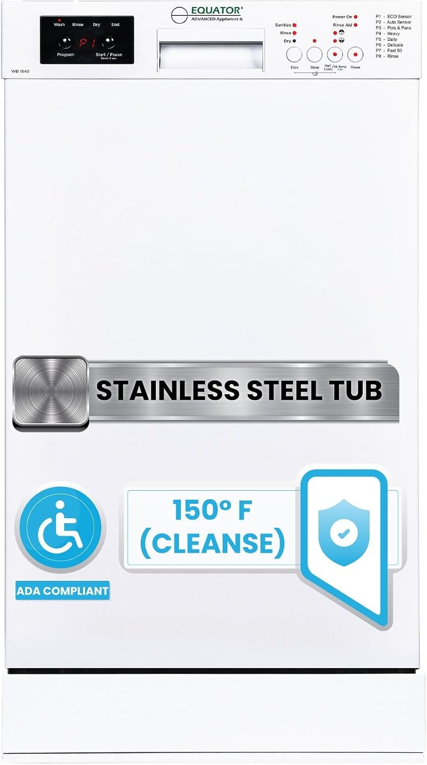 Pinnacle WB1840 18-Inch Built-In Dishwasher – 10 Place Settings, 8 Wash Cycles, White Finish, Sanitize Function - Image 5
