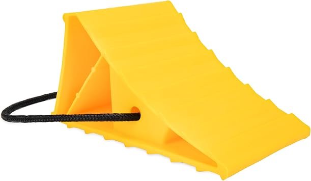 Camco 44472 Wheel Chock with Rope – Yellow Trailer Tire Chock with Built-In Pull Rope for Easy Removal
