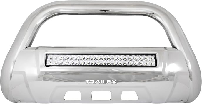 TrailFX B1613SKIT 3.5in Oval Bull Bar with LED Light Bar – Polished Stainless Steel Construction with Skid Plate
