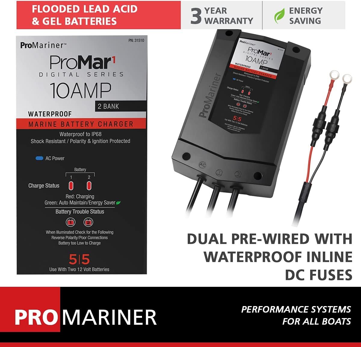 ProMariner ProMar1 DS 31510 Marine Battery Charger – 10 Amp Dual Output Smart Charging System - Image 4