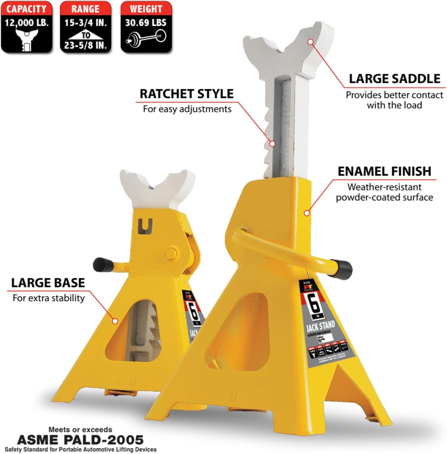 Performance Tool W41023 Jack Stands – 6 Ton Capacity Pair with Ratchet Adjustment and 15-1/2in to 23-1/2in Lift Range - Image 2