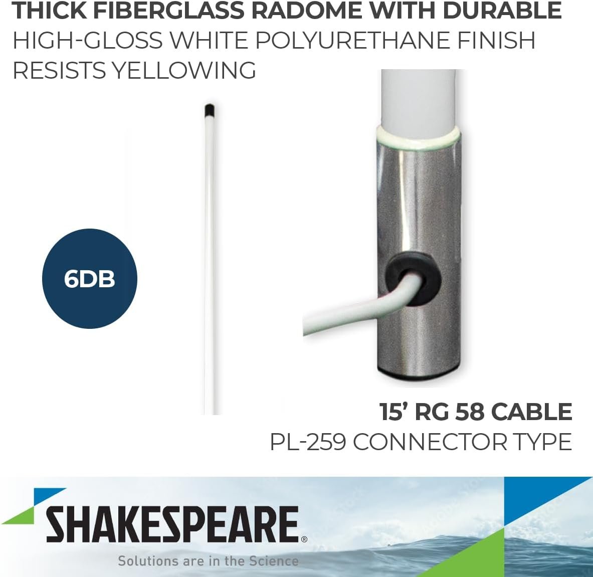 Shakespeare 6225-R Phase III Marine VHF Antenna – 8 ft Fiberglass Antenna with 6 dB Gain and Brass Elements - Image 3