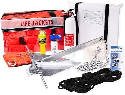 KJM 42101 Boat Safety Kit – USCG Approved Package for 20 to 25 ft Boats with Anchor, Life Vests and Fire Extinguisher