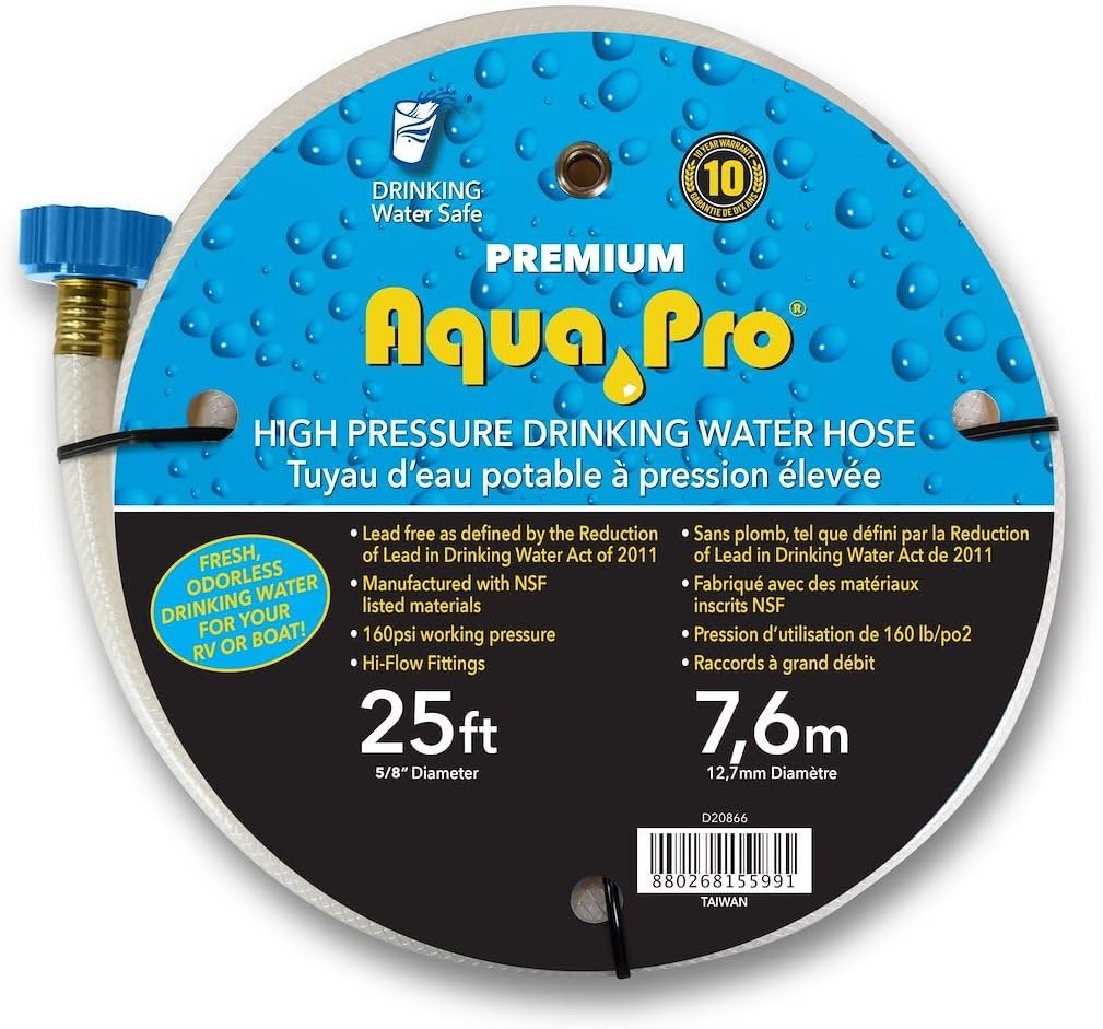 Aqua Pro W20866 Deluxe Drinking Water Hose – 5/8in x 25ft Lead-Free RV Fresh Water Supply Hose