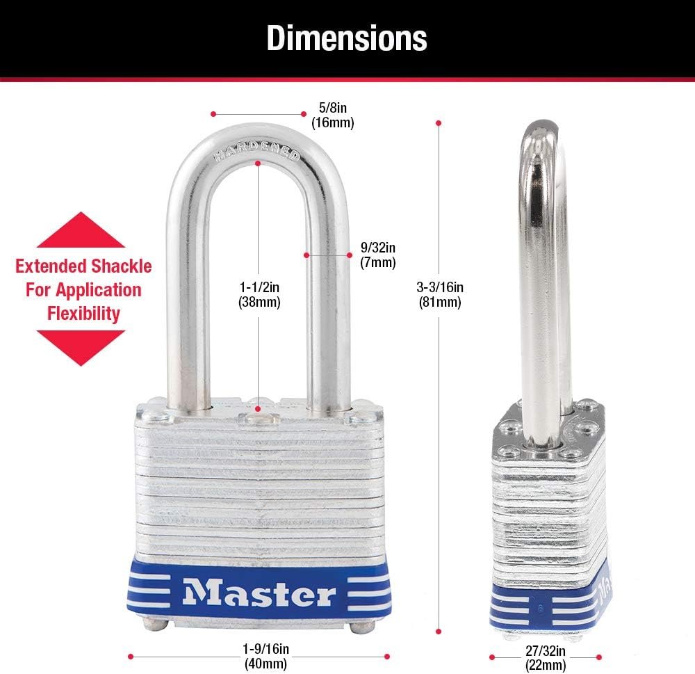 Master Lock 3DLF Laminated Steel Padlock – 1-9/16in Wide Body with 1-1/2in Hardened Steel Long Shackle and Dual Ball Locking - Image 5