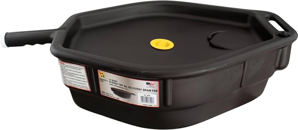 Midwest Can 6400 15 Quart Oil Recycling Drain Pan – Closed-Top Recovery Design with Pour Spout and Carry Handles