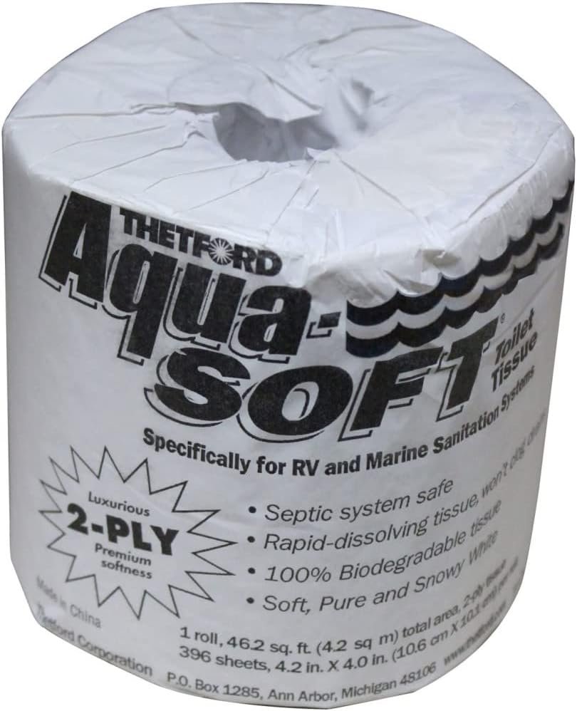 Thetford 24033 Aqua-Soft RV Toilet Tissue – Single Roll 2-Ply Septic-Safe Rapid Dissolving Paper