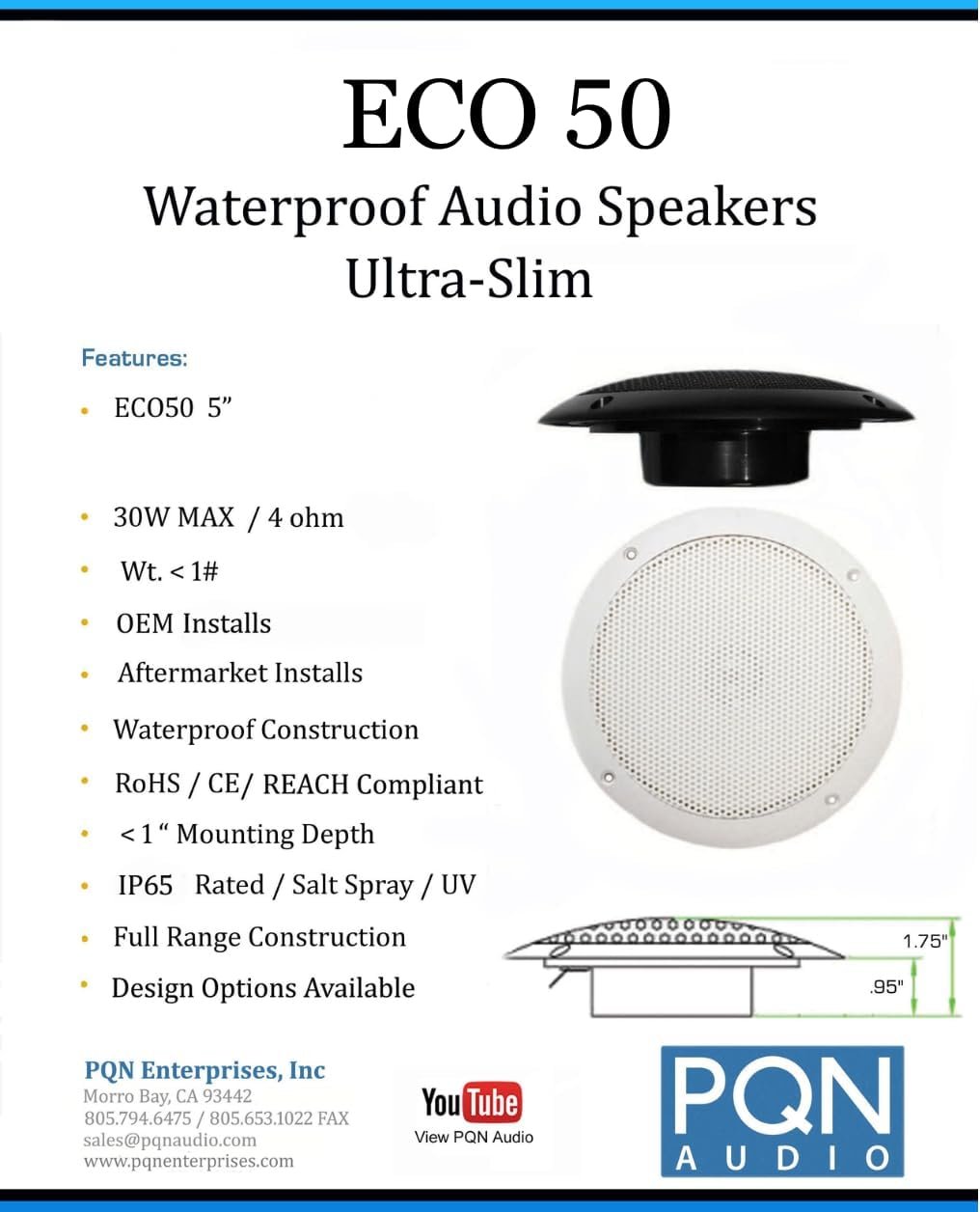 PQN Audio ECO50-4BK 5 Inch Ultra-Slim Waterproof Marine Speakers – 30W Peak, 1in Mount Depth, IP65 Rated Black Pair - Image 2