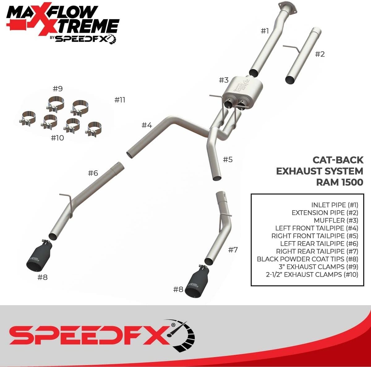 SpeedFX 50201 MaxFlow Xtreme Cat-Back Exhaust System – Ram 1500 3in Inlet Dual 2.5in Exit with 4.5in Black Tips - Image 2