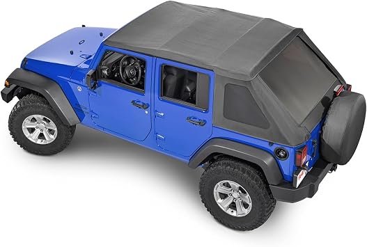 TrailFX JTSB03 Slant Back Soft Top – Black Diamond Fabric Fastback Top with Sunroof & Tinted Windows for Jeep Wrangler JKU 4-Door