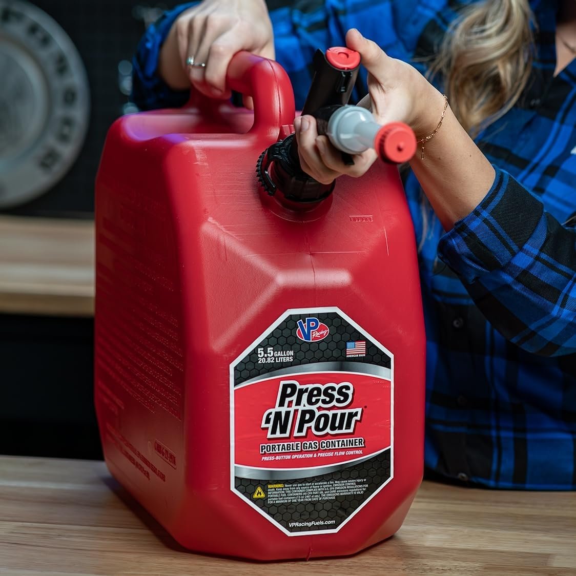 VP Racing Fuels 3839 Press 'N Pour Gas Can – 5.5 Gallon Motorsports Utility Fuel Container with Ergonomic Handle - Image 7