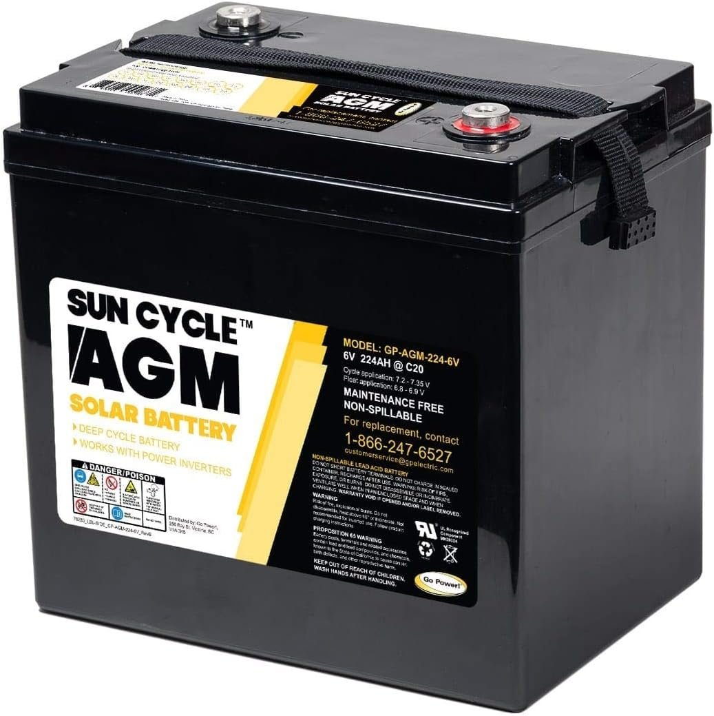 Go Power GP-AGM-224-6V Deep Cycle AGM Battery – 224Ah 6 Volt Sealed Lead Acid Energy Storage