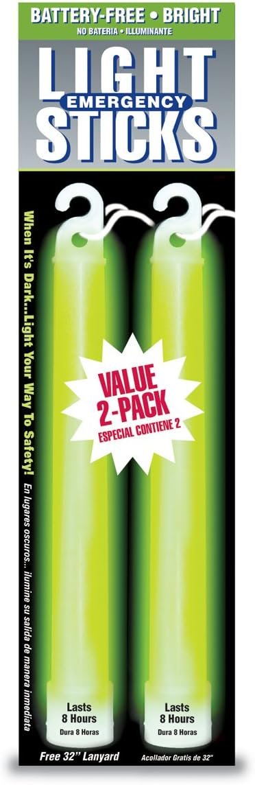 Ready America 27217 Green 8-Hour Lightsticks 2-Pack – Emergency Glow Sticks for Power Outages, Camping, and Safety Kits