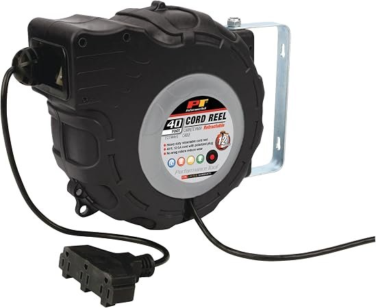 Perform Tool W2278 40-Ft 12-Gauge Retractable Cord Reel – 15A Power Cord with 3 Grounded Outlets and Auto Rewind
