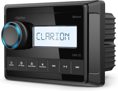 Clarion 92803 CMM20 Marine Source Unit – Bluetooth Audio Receiver with 2.37in LCD Display and IP66 Weatherproof Rating