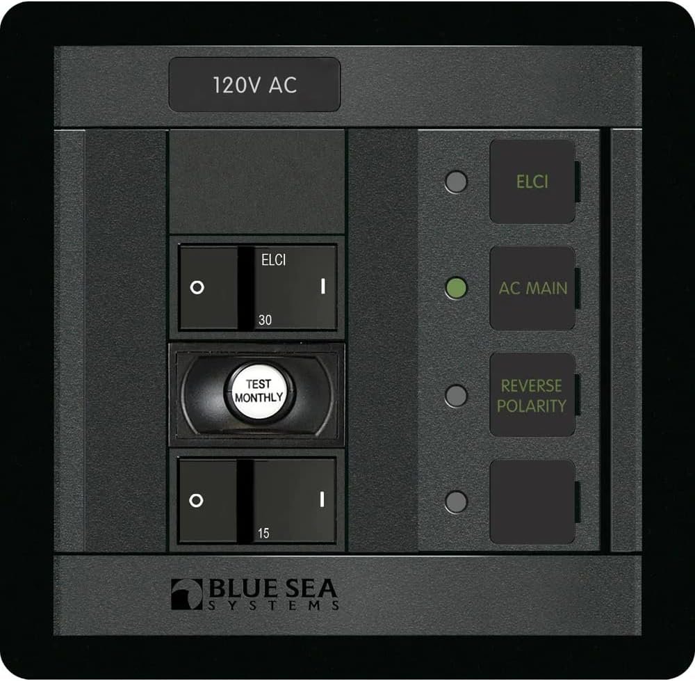 Blue Sea Systems 1190BSS 120V AC Panel – 30A ELCI Main Breaker with 15A Branch Circuit and Reverse Polarity LED