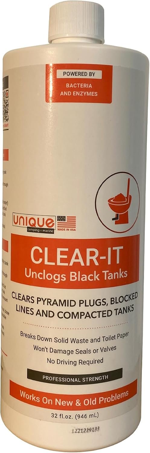 Unique Clear-It 41P1 Black Tank Unclogger – 32 oz Enzyme Treatment for Pyramid Plugs and Waste Blockages