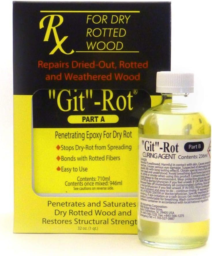Life Industries 1065 Git-Rot Wood Repair Kit – 32 fl oz Penetrating Epoxy System for Restoring Rotted Marine Wood Structures