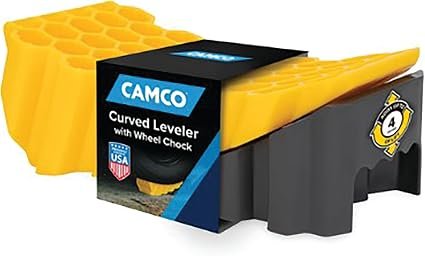 Camco 44423 Curved Leveler and Wheel Chock – Up to 4in Lift, 30000 lb Trailer Rating, Honeycomb Polypropylene Design
