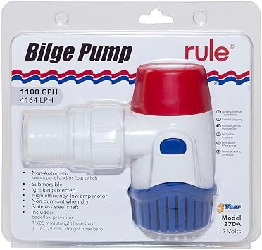 Rule 27DA Submersible Bilge Pump – 1100 GPH 12V Marine Water Removal Pump with Ignition Protection