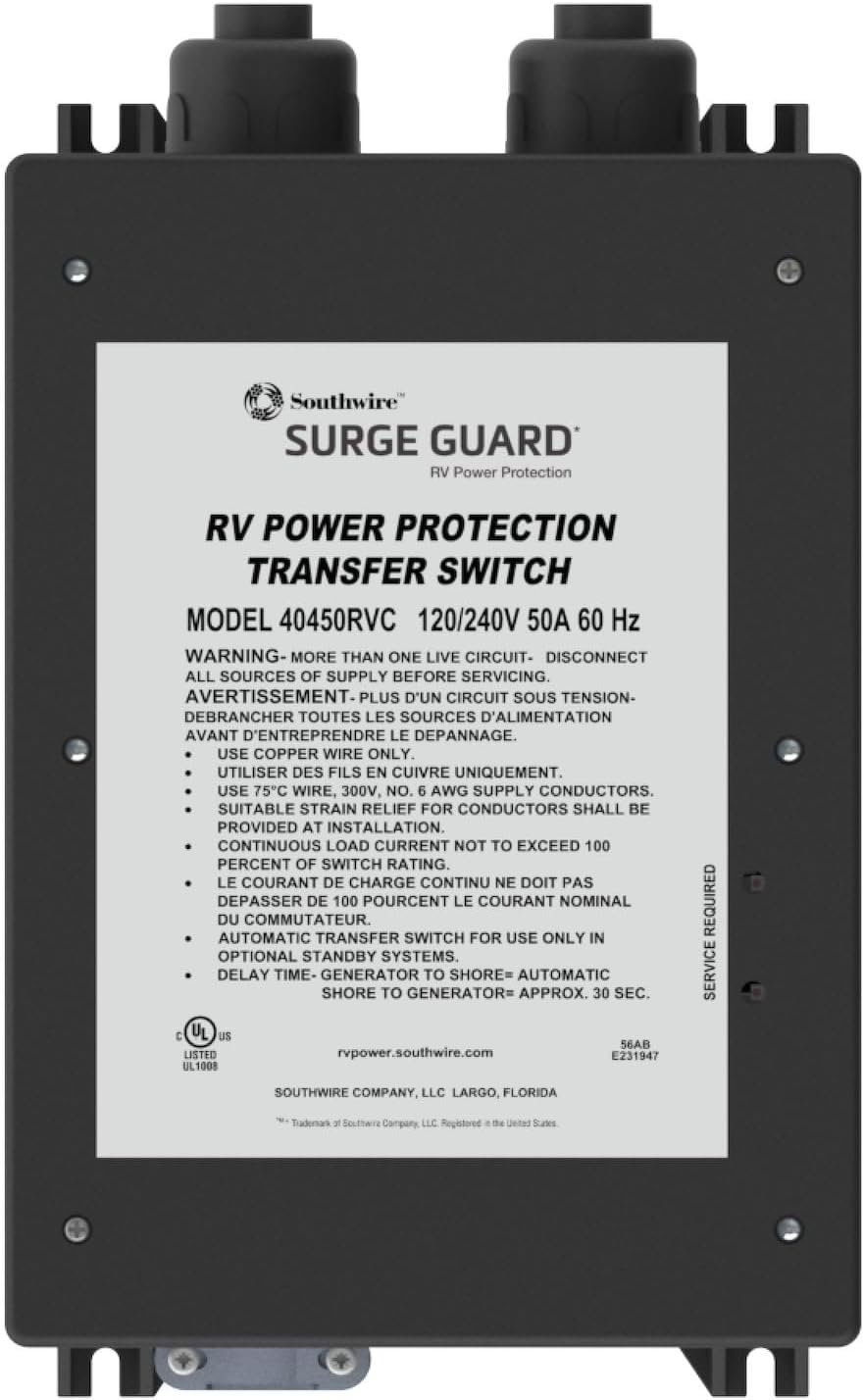Southwire 40450RVC3 50A Automatic Transfer Switch – 120/240V RV Power Management for Generator and Shore Power Systems