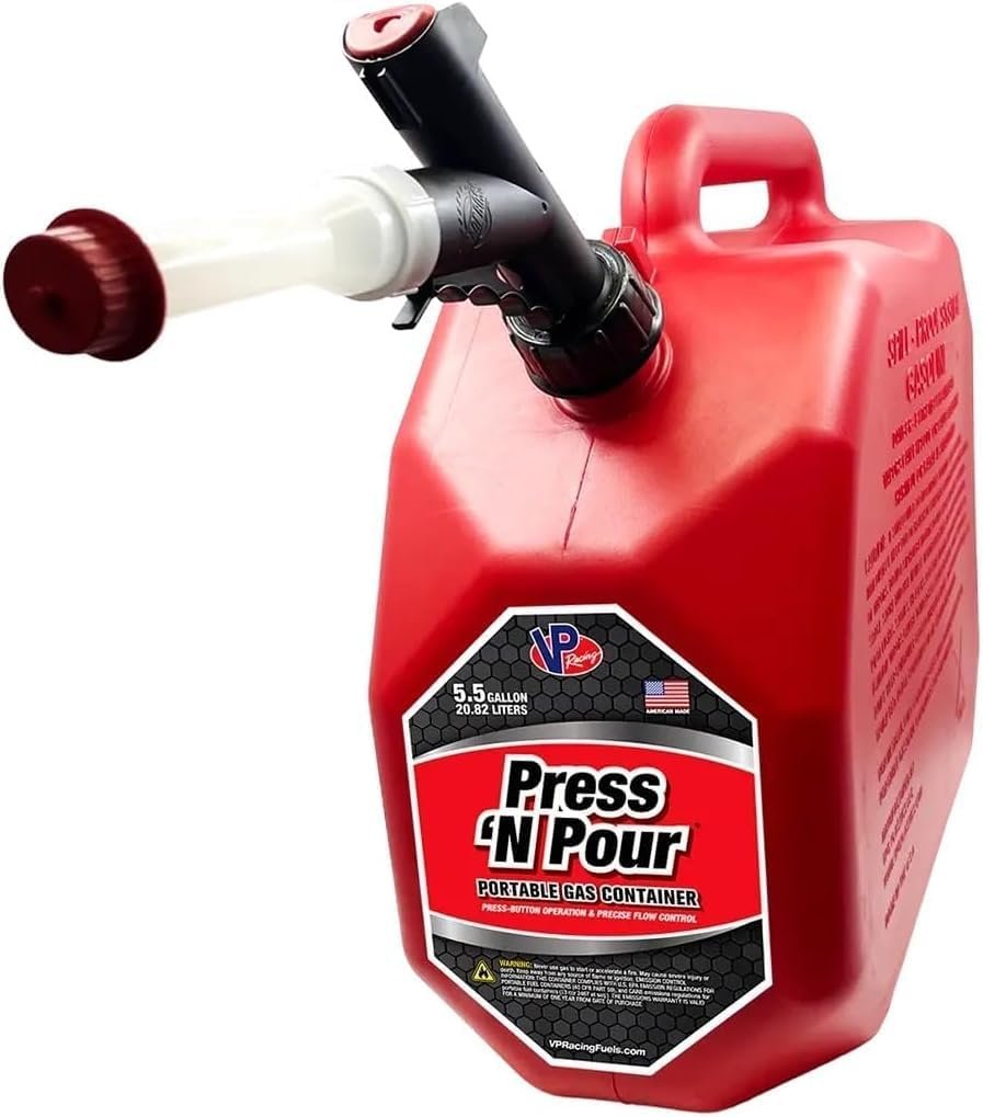 VP Racing Fuels 3839 Press ‘N Pour Gas Can – 5.5 Gallon Motorsports Utility Fuel Container with Ergonomic Handle