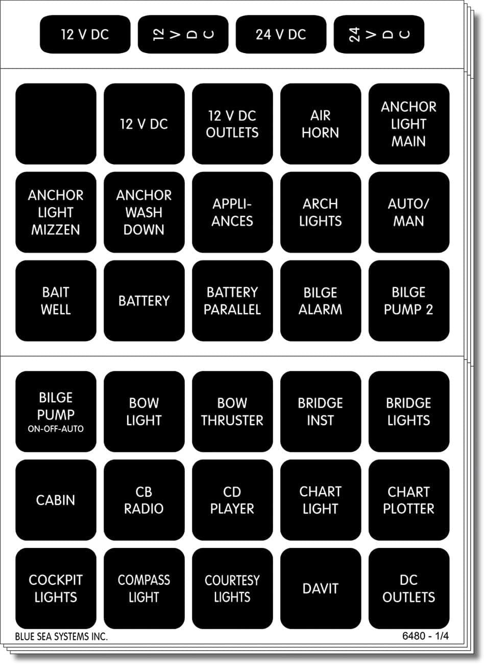 Blue Sea Systems 4217BSS Waterproof DC Label Kit – 120 Black Square Labels for WeatherDeck and Battery Panels