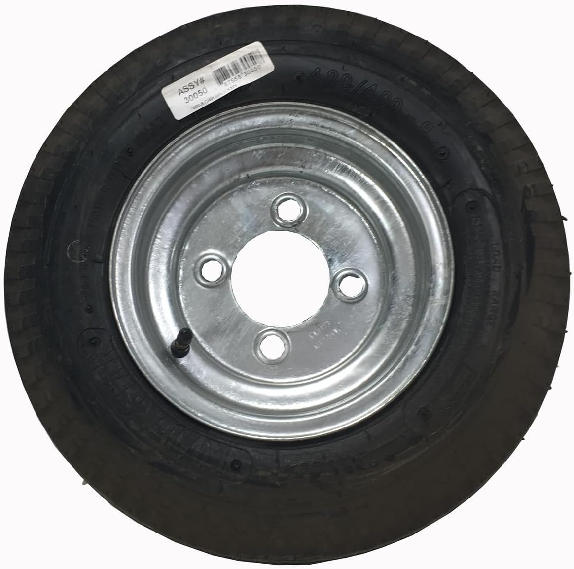 Americana 30050 4.80-8 Bias Trailer Tire and Galvanized Wheel – 4-Bolt Steel Rim with 745 lb Capacity and Center Cap