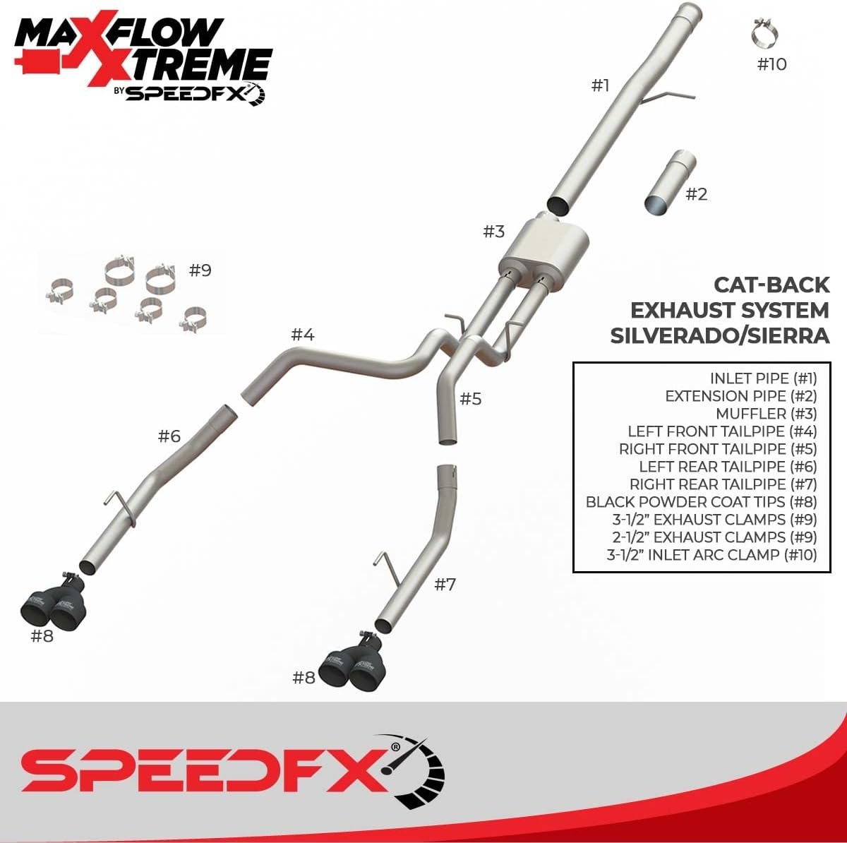 SpeedFX 50102 MaxFlow Xtreme Cat-Back Exhaust System – Silverado 1500 3.5in Inlet Dual 2.5in Rear Exit with 4in Tips - Image 2