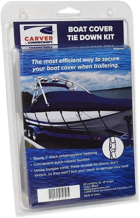 Carver 61000 Boat Cover Tie-Down Kit – Adjustable Nylon Straps with Quick-Release Buckles for Trailered Boat Covers