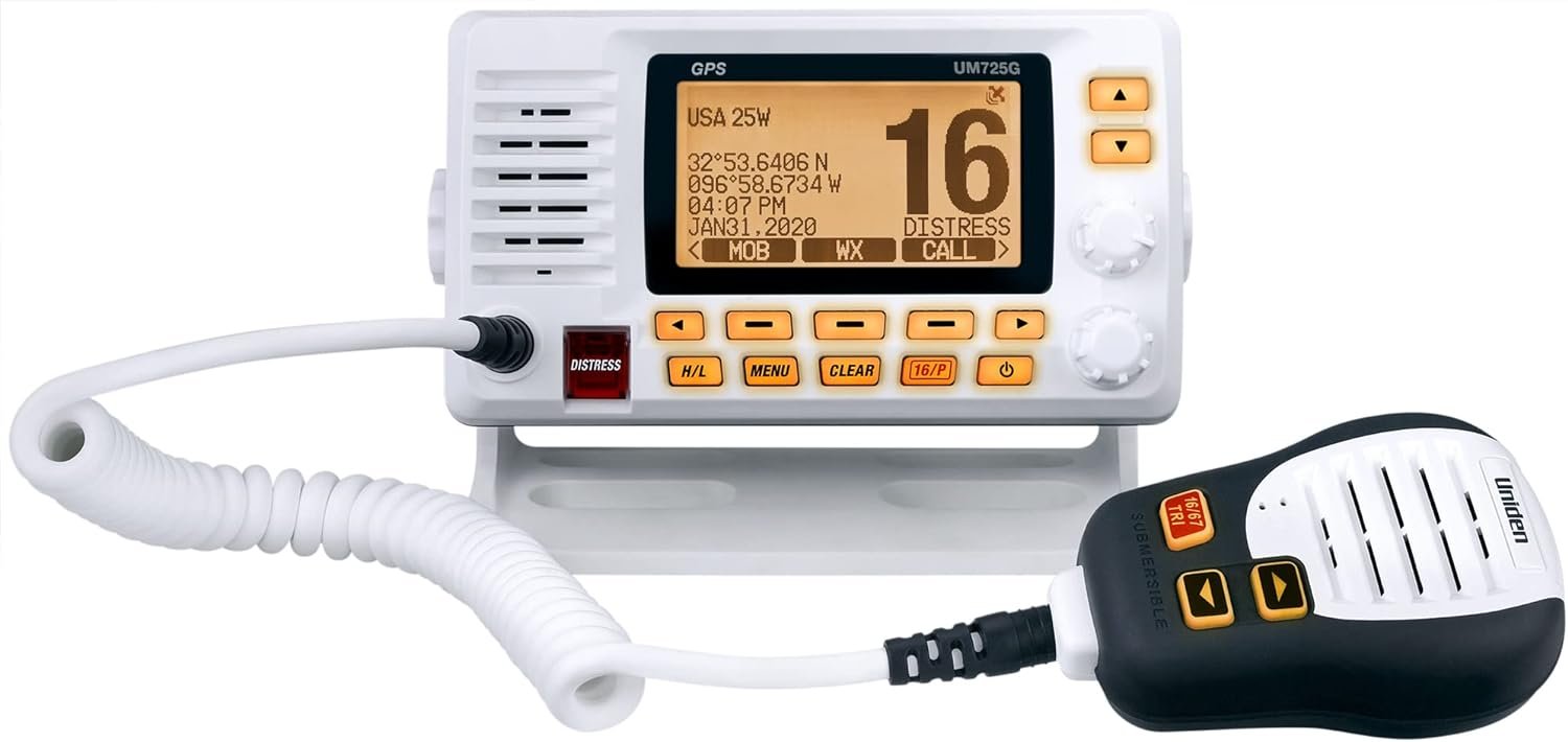 Uniden UM725G Fixed-Mount Marine VHF Radio – GPS Built-In, NMEA 2000 Connectivity, IPX8 Waterproof White Finish