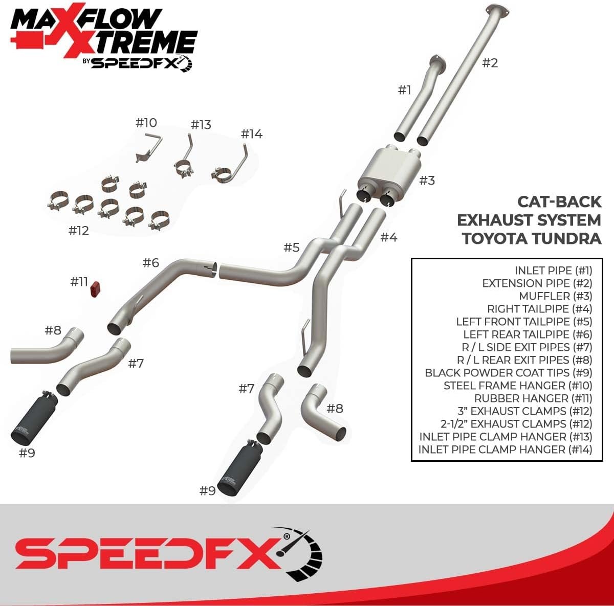 SpeedFX 50800 MaxFlow Xtreme Cat-Back Exhaust System – Toyota Tundra T304 Stainless Steel Dual Rear Exit with Black Tips - Image 2